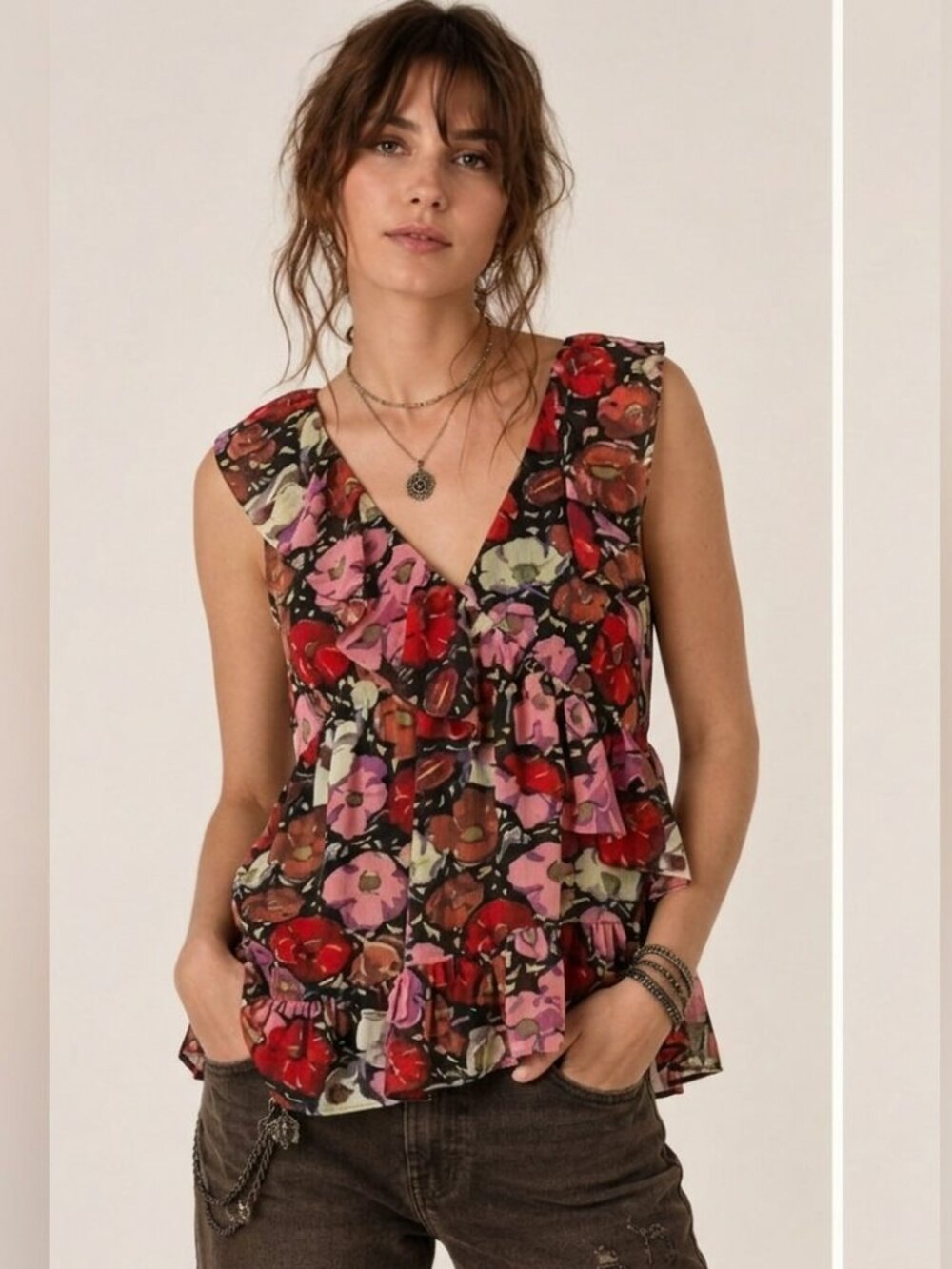 Cinq à Sept Pink Bohemian Artsy Floral Blouse Sleeveless Summer Top Size Small